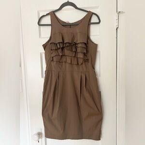 Taupe BCBG Max Azria dress with ruffles.